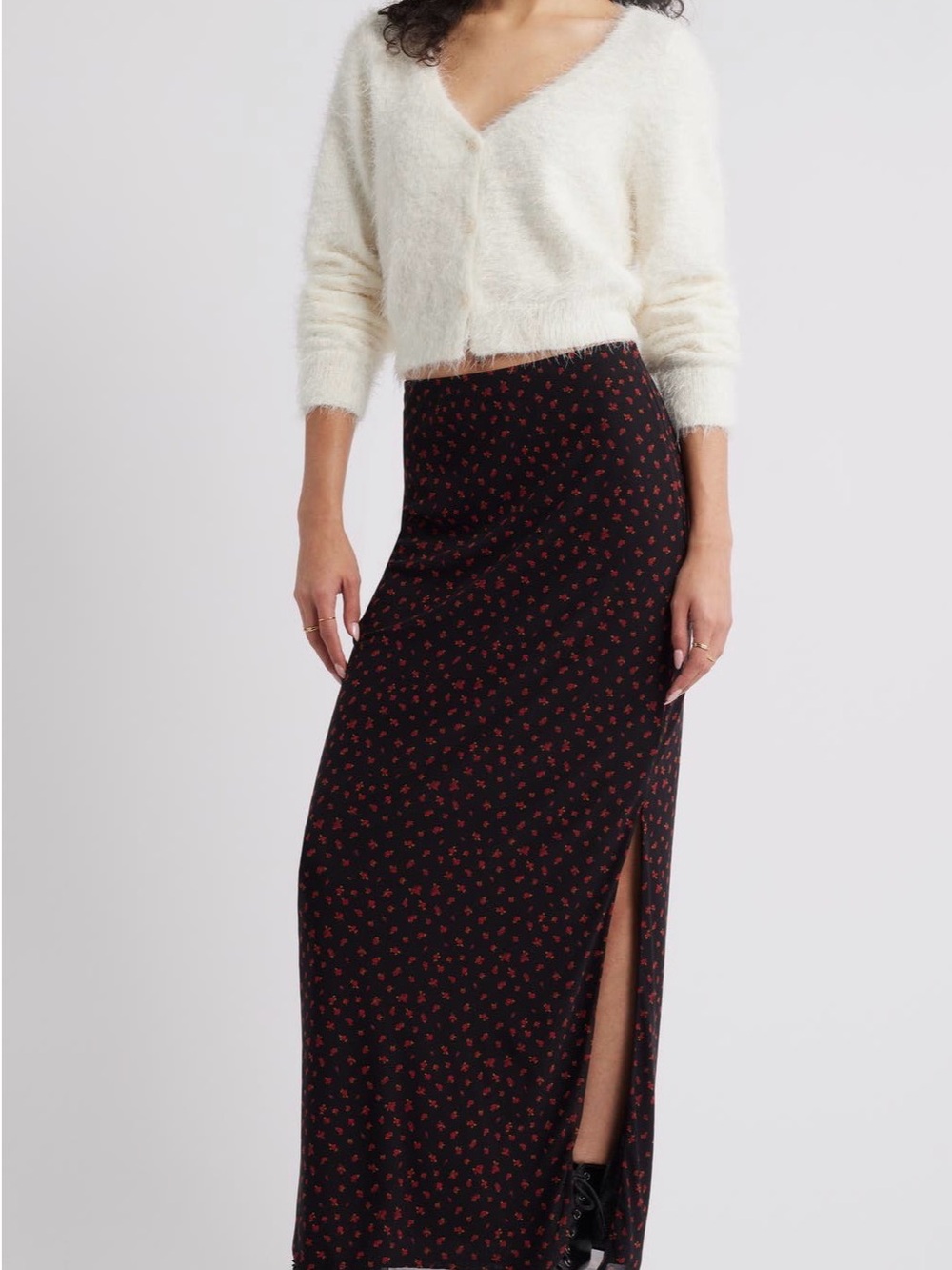 BP. Black Maxi Skirt with Red Floral Print and Side Slit